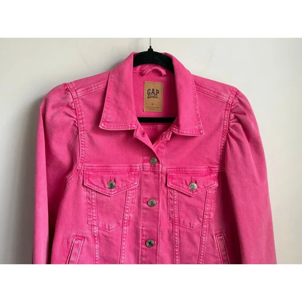Gap × Barbie Puff Sleeve Denim Jean Trucker Jacket Pink Women's Medium NWT